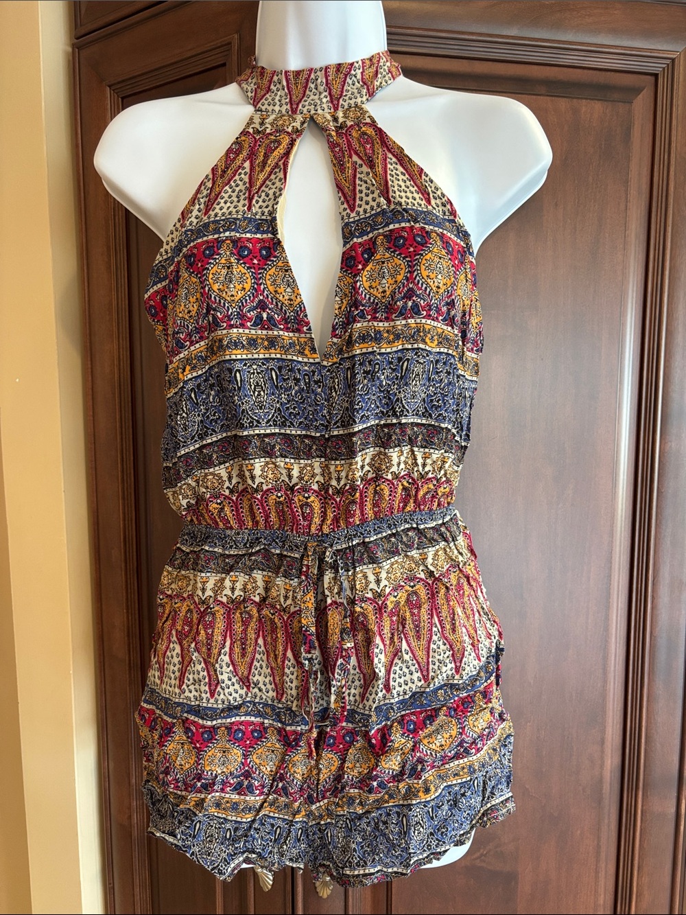 Solemio Navy, Red & Gold Halter Tie-Waist Romper
